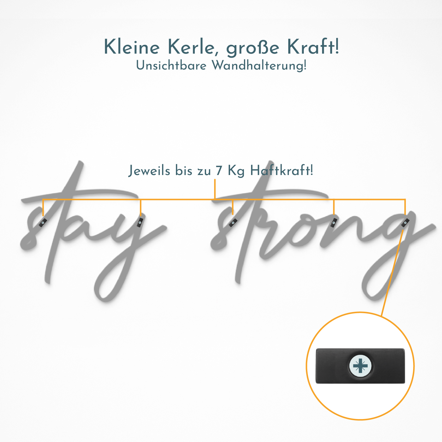 Wanddekoration Mesi Stay Strong Magnetplatzierung mit Hinweis auf die Haftkraft von bis zu 7 Kilogramm pro Magnet