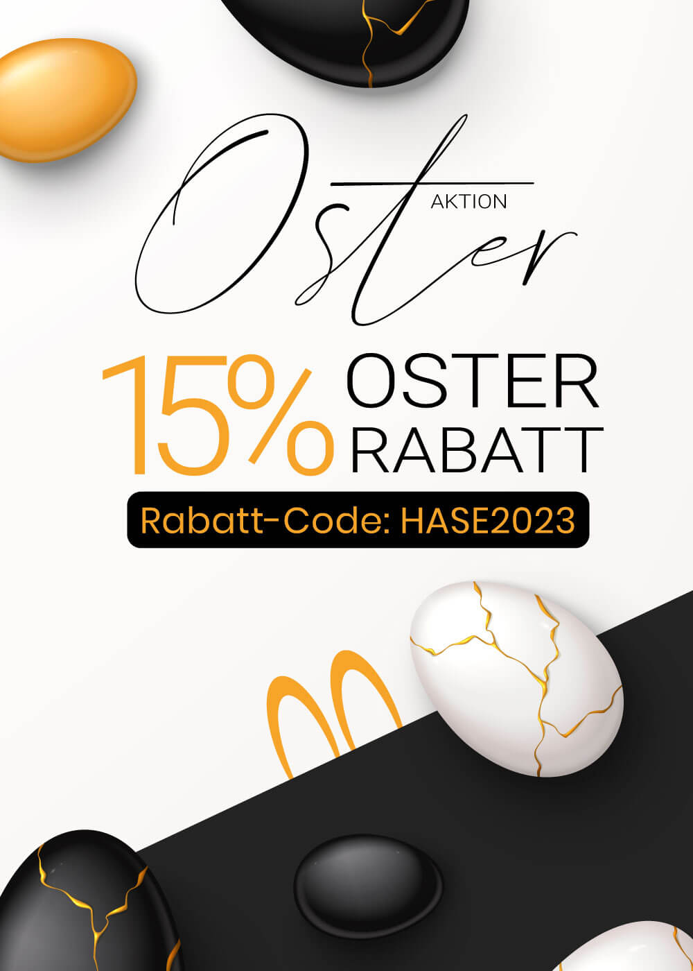 Osterfest Aktion mit Rabatt von 15% auf alle Artikel. Dekorativ mit Ostereiern in einem Schwarz Weiß Design