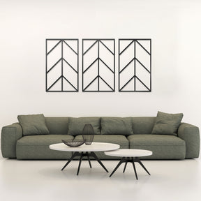 Mewa 3er Set Wanddeko in Schwarz in einem hellen minimalistischen Wohnzimmer mit gruenem Sofa