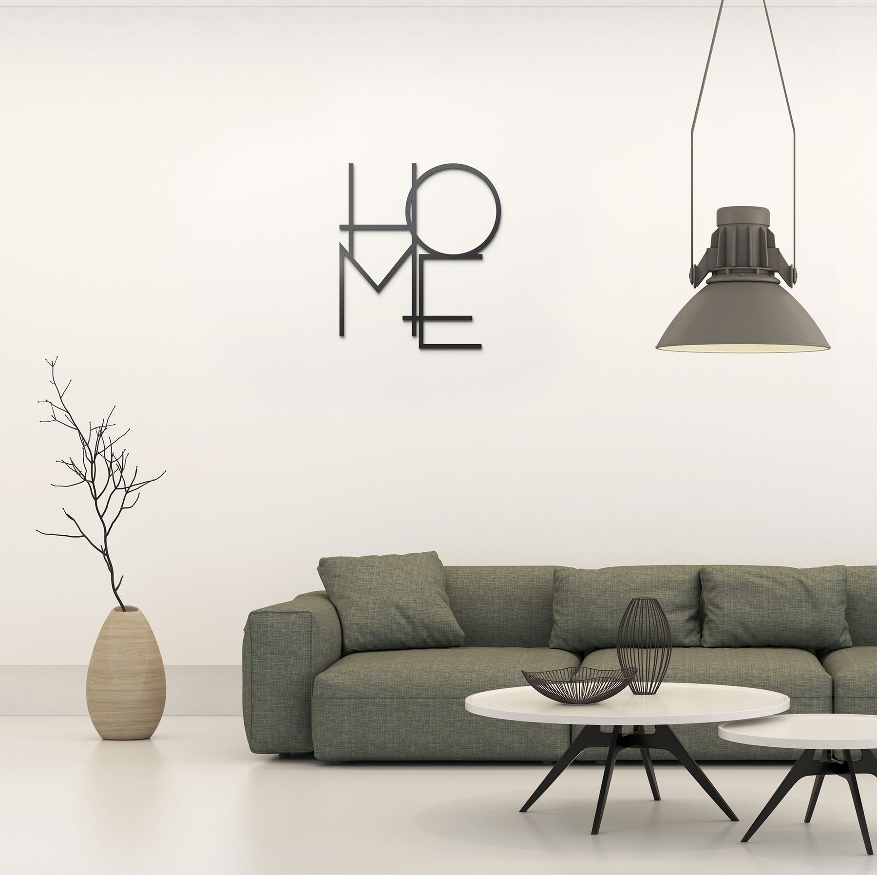 Wanddeko Mesi Home in Feinmatt Pulverbeschichtet in modernem Wohnzimmer mit großen gruenen Sofa